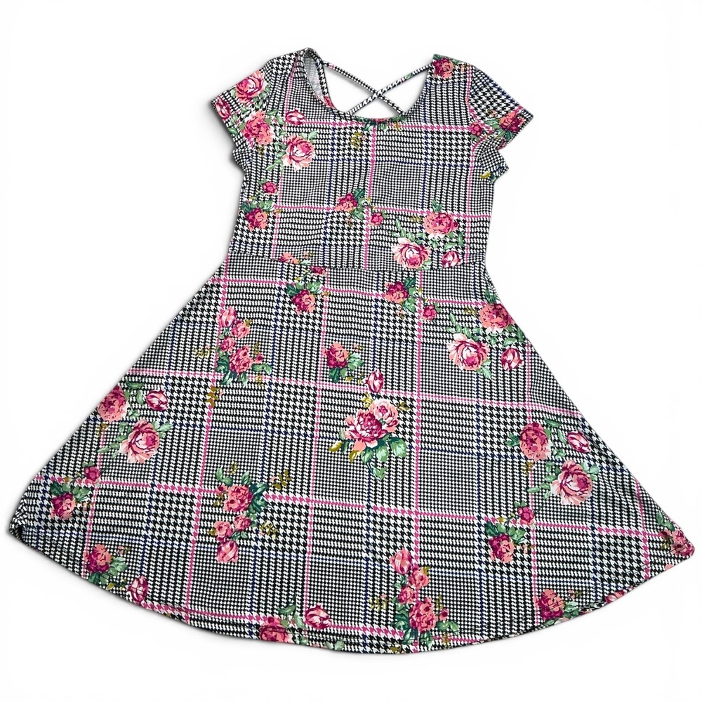 Arizona Black Houndstooth Floral Skater Dress Kids Size M 10/12 Strappy Back